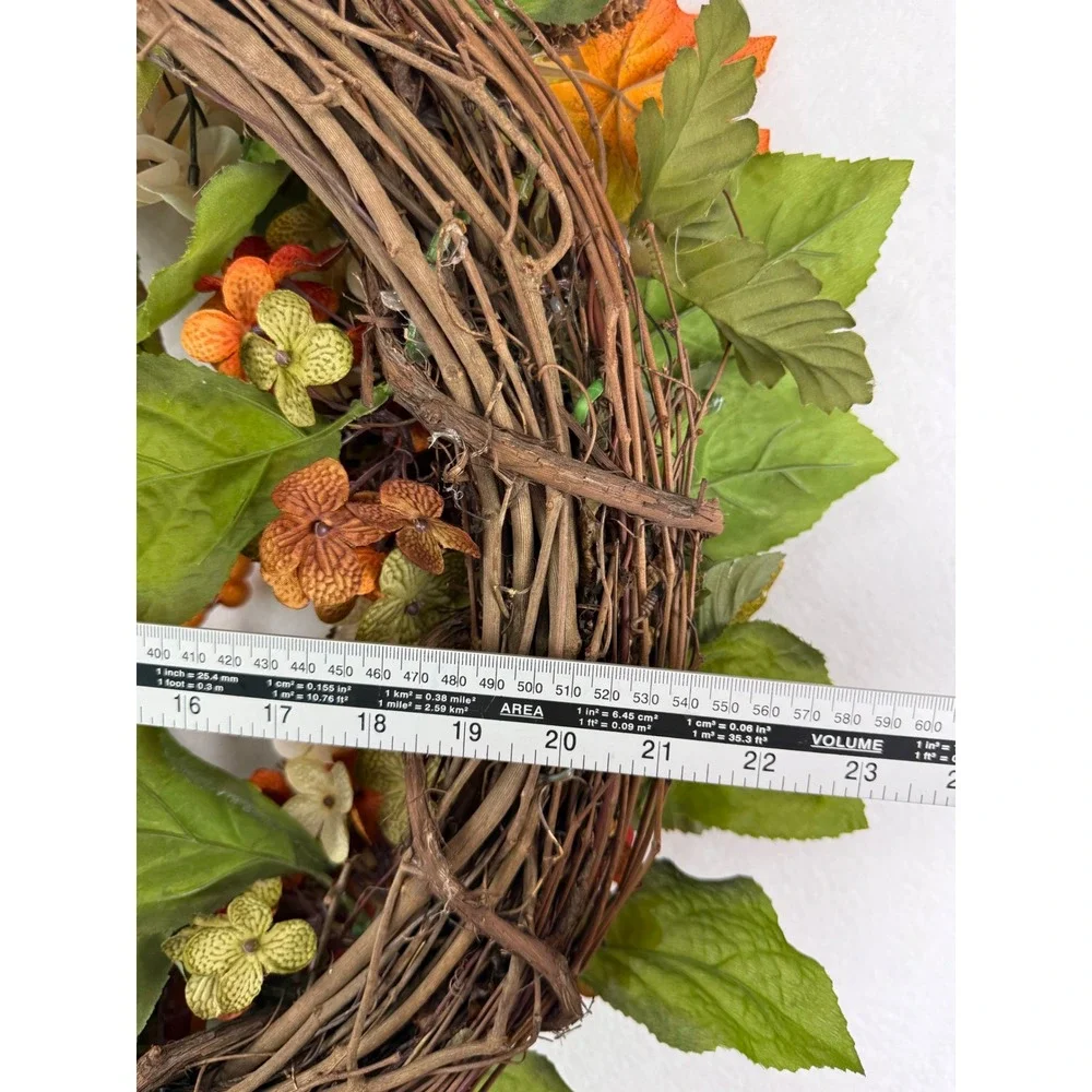 Fall Grapevine Wreath Orange Hydrangea Burlap Bow Autumn Decor 22in